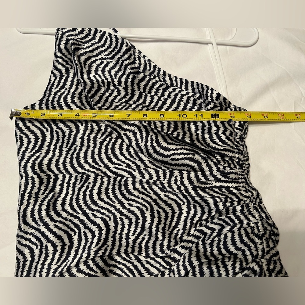 Cinq A Sept One Shoulder Asymmetric Ruffle Hem Silk Dress Size 2 Navy/Ivory NWT - Picture 7 of 12